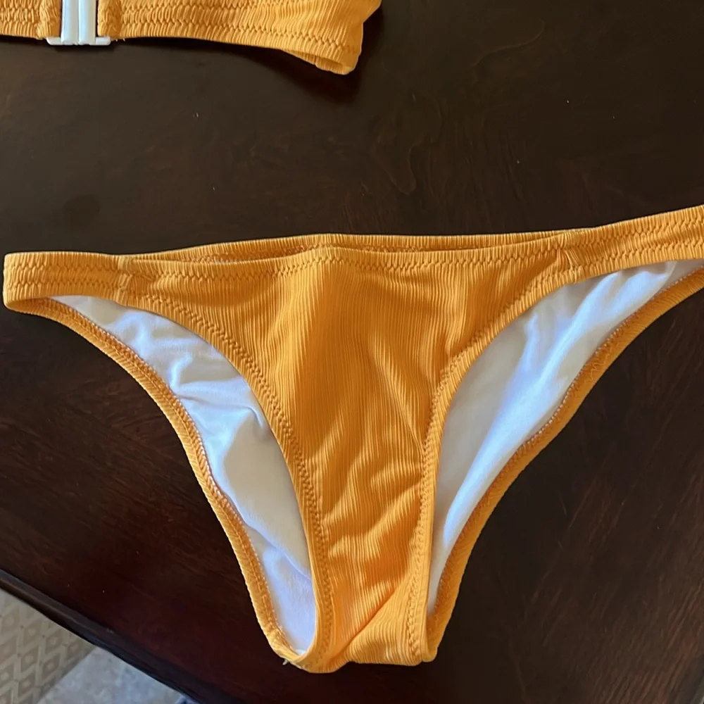 Marigold Yellow Ribbed Triangle Bikini Set Center Ladder Detail Cheeky Small - Picture 14 of 14